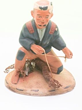 Hakata Urasaki  Doll JAPAN vintage fisherman rare fish fishing art ceramic 1940s